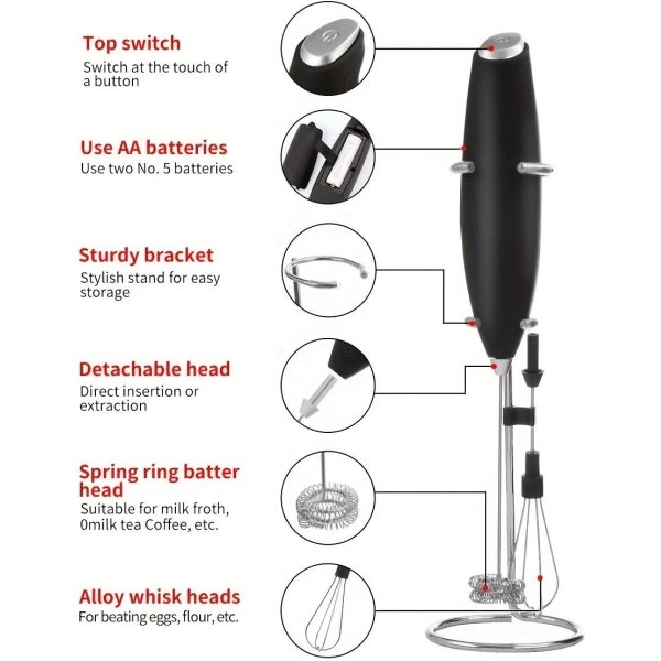 Compact 2-in-1 Handheld Milk Frother Egg Whisk Portable Battery-Powered Mini Blender With Stainless Steel Stand for Coffee